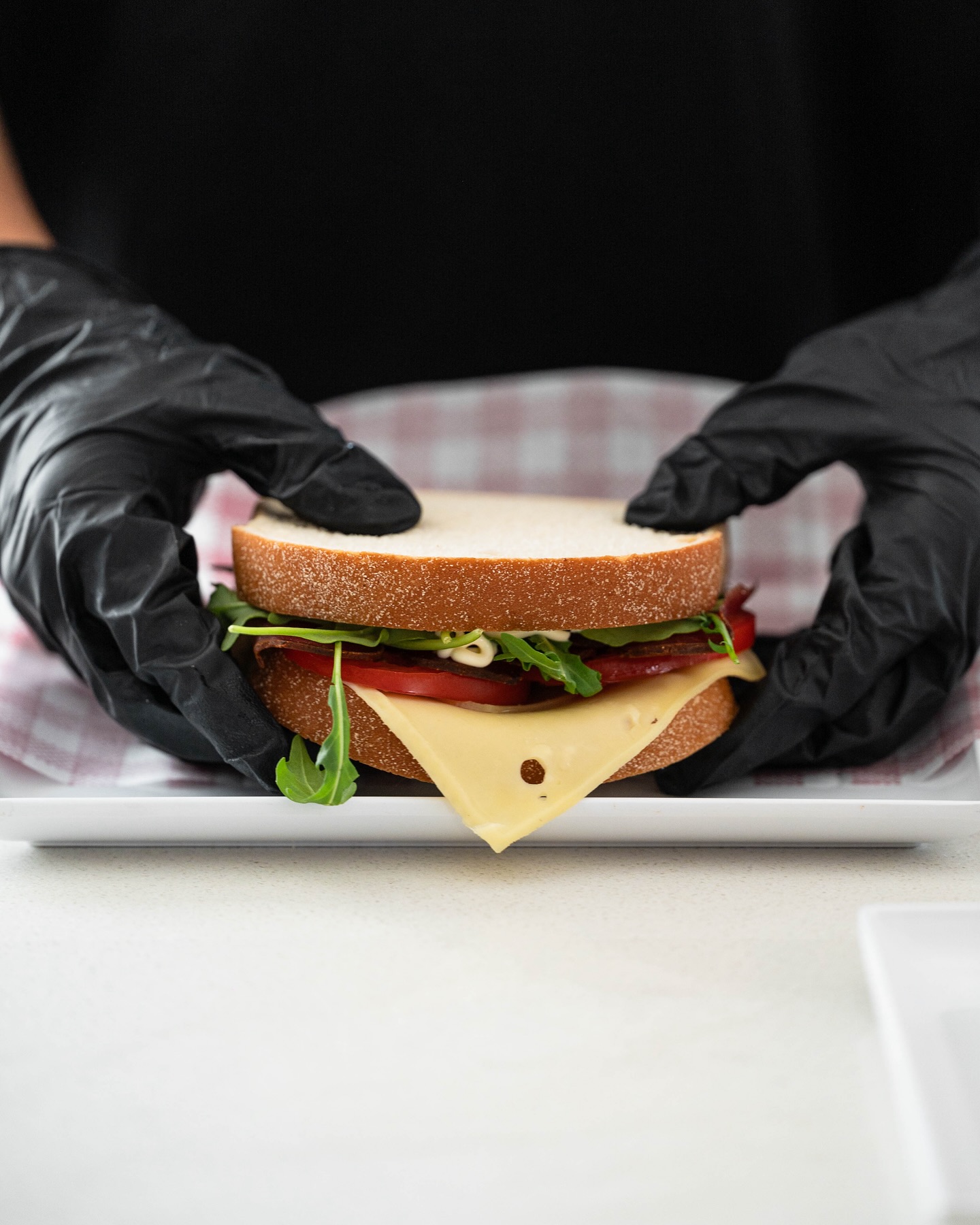 Fresh sandwich with arugula, tomato and cheese