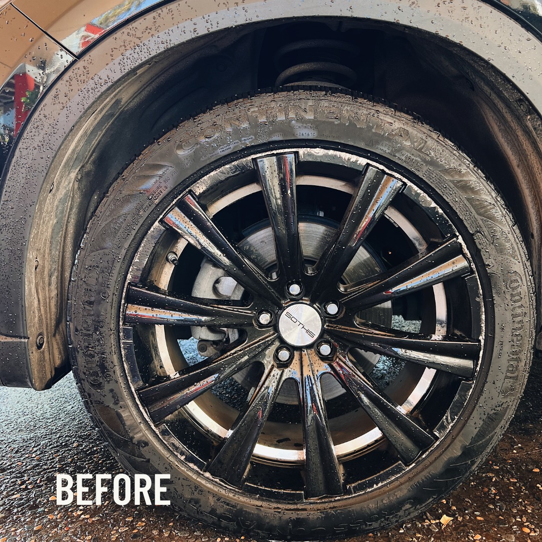 Wheel coated in brake dust and road grime before detail
